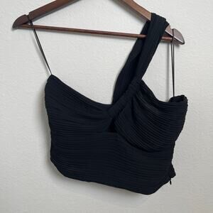 Glam Large Black One Shoulder Ruched Crop Top Side Zipper Party Clubwear